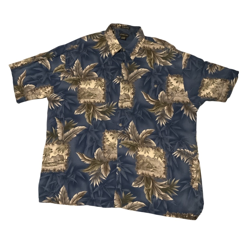 St Johns Bay Mens XL Island Style Hawaiian Shirt Blue Rayon Tropical Palm Tree